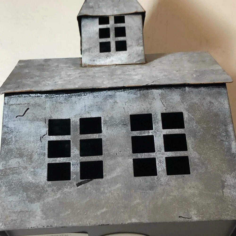 Metal Pre-Lit Church/Chapel Votive Holder in Distressed Galvanized Gray, EUC